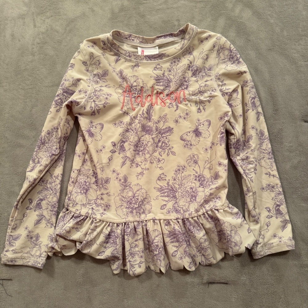 RuffleButts Girls‎ Rash Guard Purple Floral Butterfly Addison Embroidered Size 6